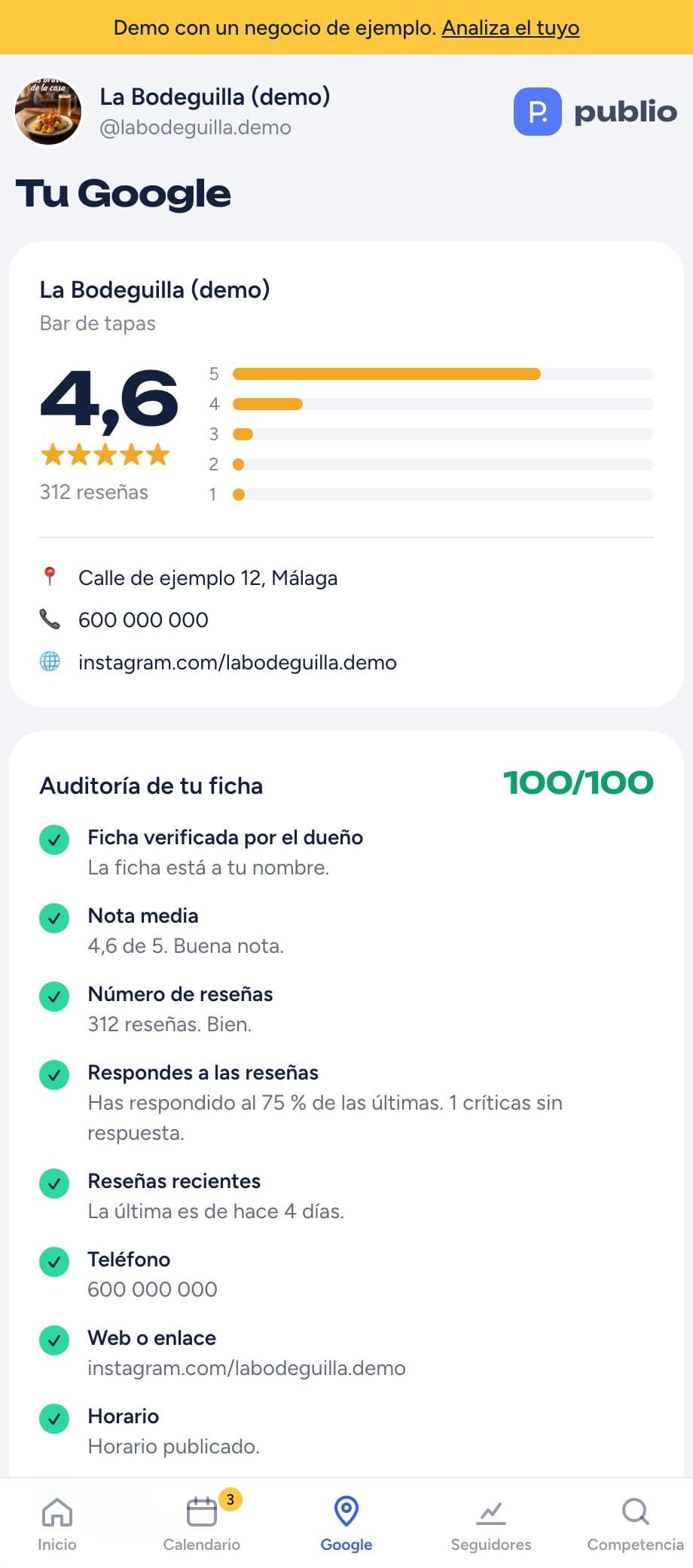 Pantalla de la app: Tu ficha de Google, revisada